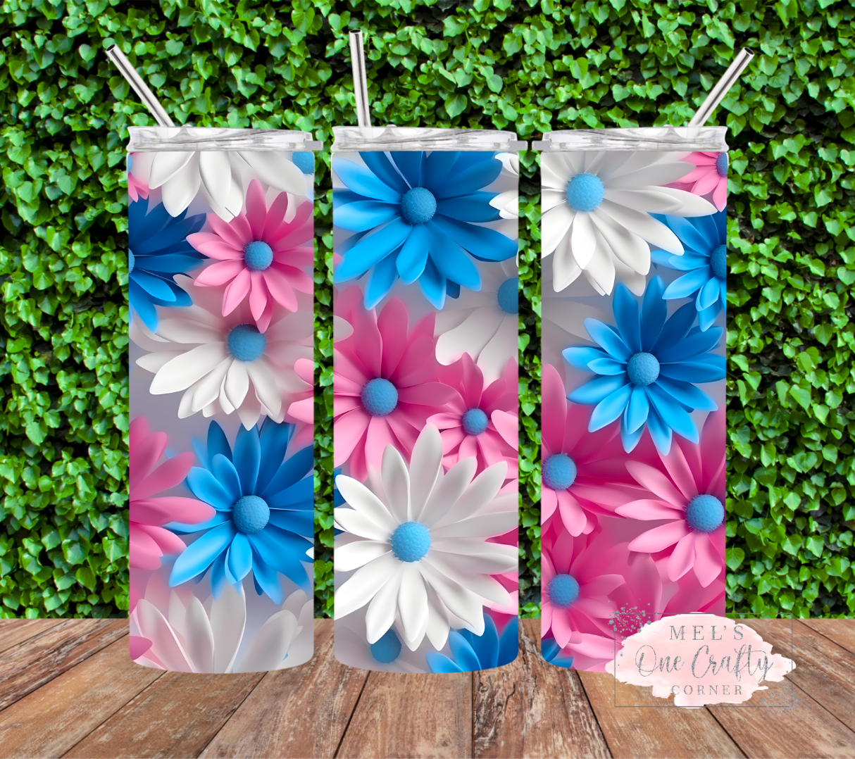 3D Blue/Pink Floral Tumbler