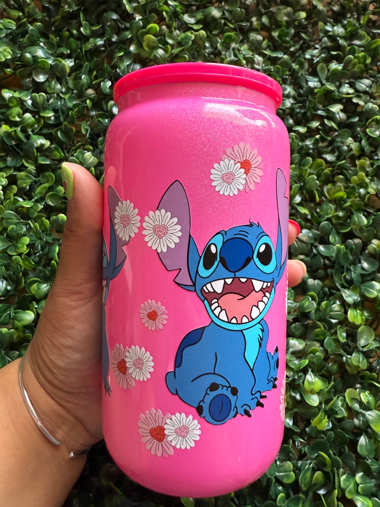 DISCOUNTED Glass Can - Pink Stitch