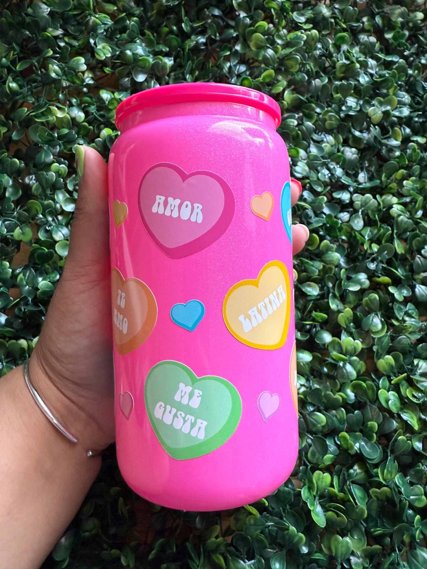 DISCOUNTED Glass Can - Pink Spanish Hearts