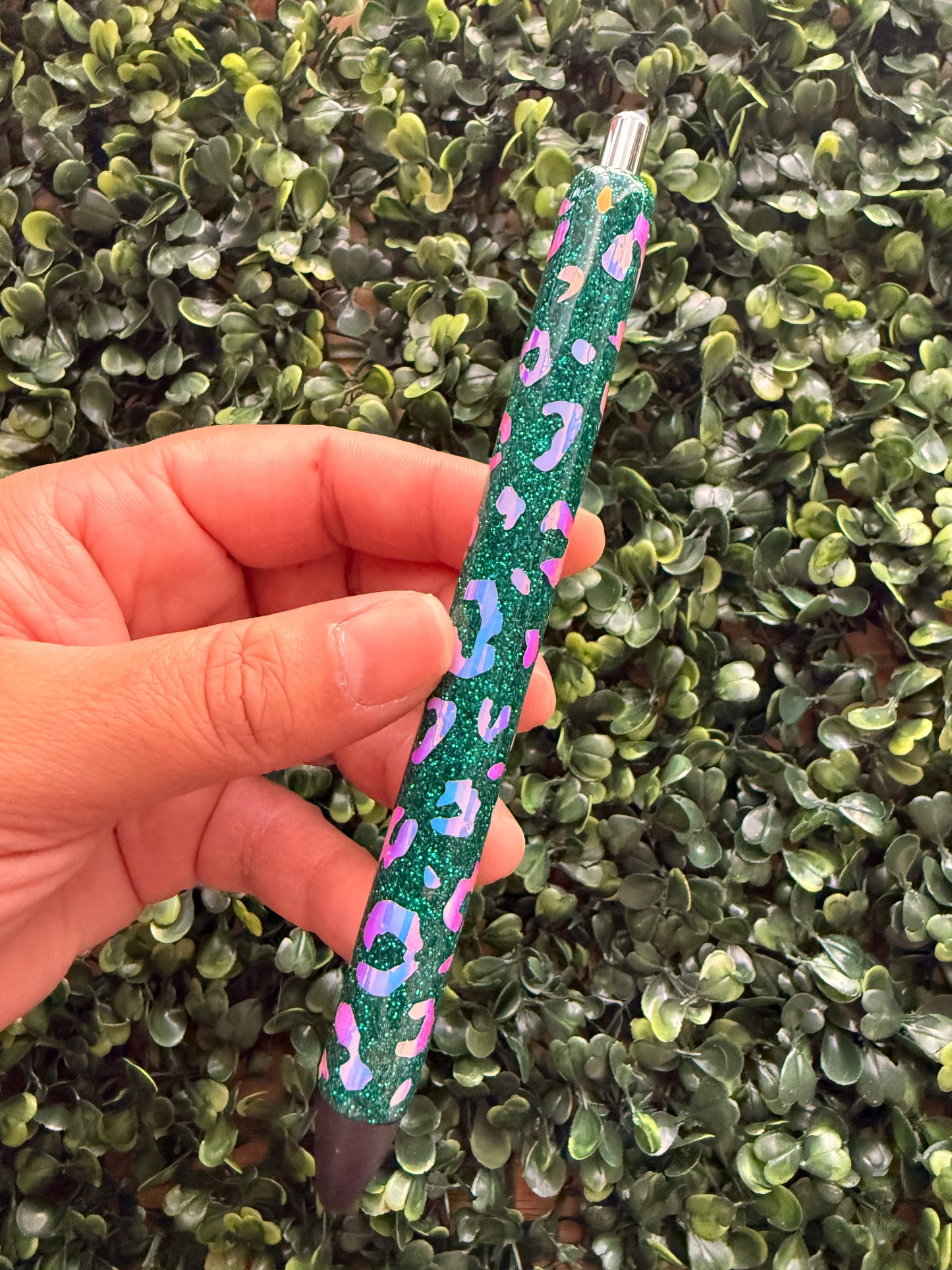 Teal Holographic Leopard Glitter Pen