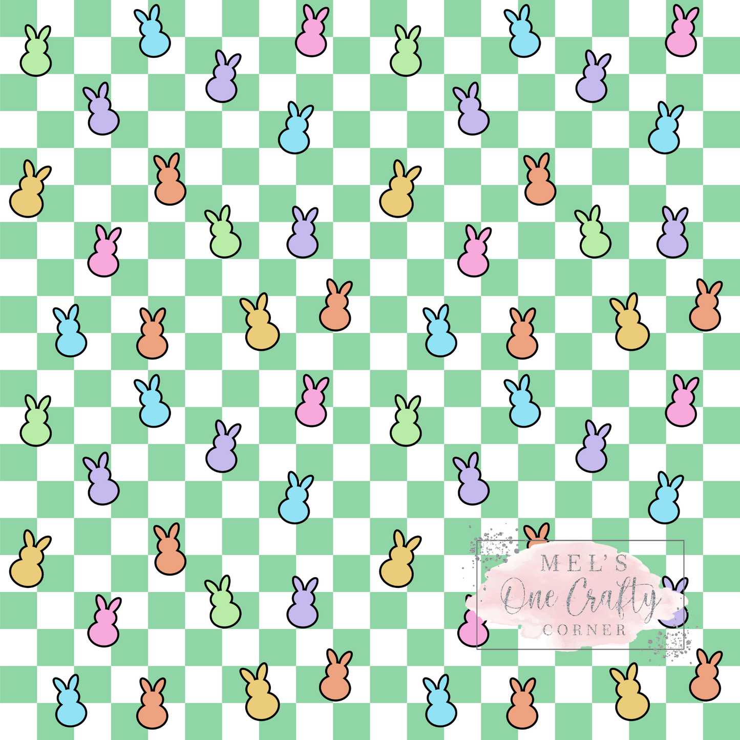 12x12 Vinyl Sheet - Green Checkered Bunnies