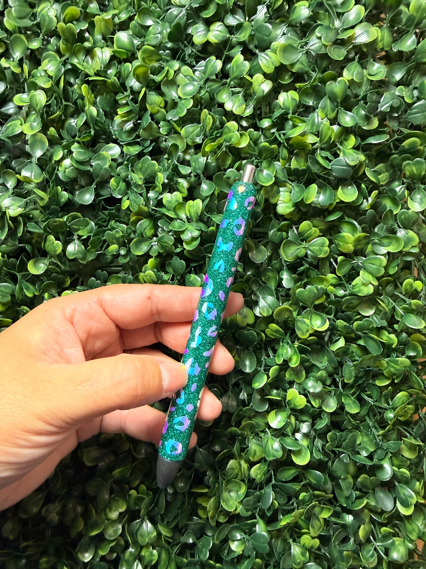 Teal Holographic Leopard Glitter Pen